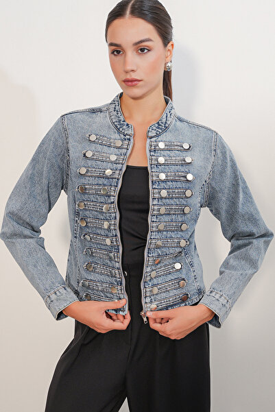 Bigdart Kadın Dar Kesim Düğmeli Denim Ceket 0764 - Mavi