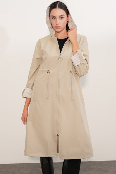 Bigdart 9091 Drawstring Waist Hooded Trench Coat - Stone