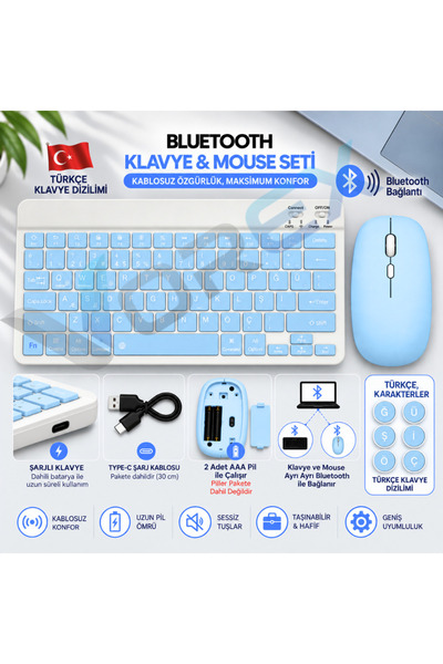 VOREX PL-388 Bluetooth Türkçe Q Mini Klavye Mouse Seti Şarjlı Klavye Pilli Mouse