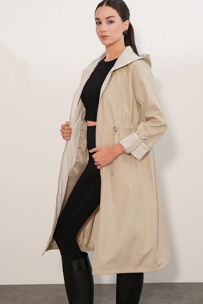 Bigdart 9091 Drawstring Waist Hooded Trench Coat - Stone