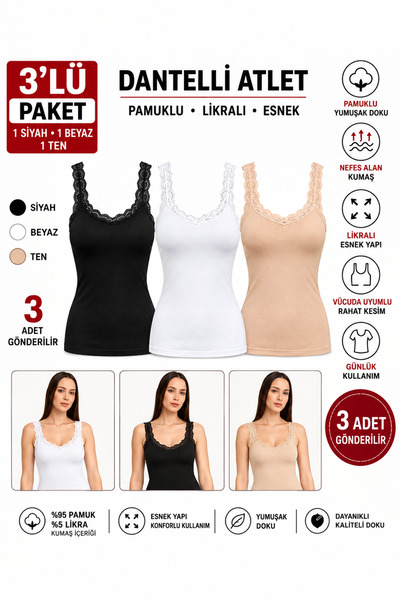 Lunamiratto Kadın Askılı Atlet 3’lü dantelli Pamuklu Ekonomik ve Uygun Atlet