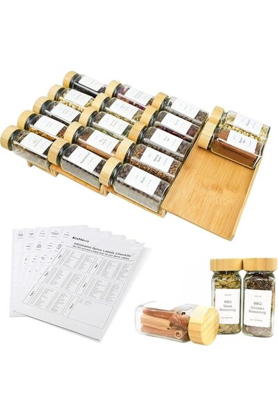 GENERAL Spice Drawer Organizer with 18 Bamboo-lidded Spice Jars,216 Labels,50...