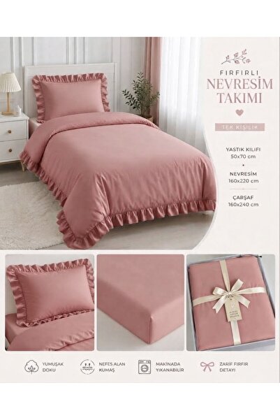 Keçeli parti hayalleri Single Bed Sheet Set 100% Cotton Ruffled Rose Color