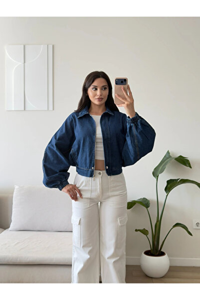 Zoom Butik Yarasa Balon Kol Denim Ceket - KOYUMAVİ