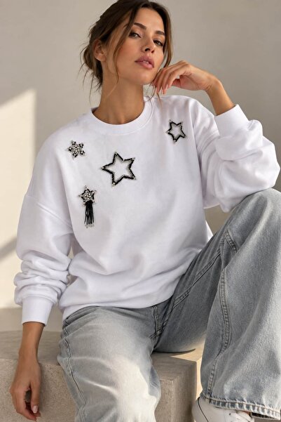 bb butik basic Kadın Yıldız Taş Detaylı Oversize Sweatshirt LNC34