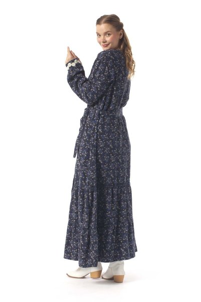 Eliş Şile Bezi Vera Buttoned Violet Patterned Flannel Double Pocket Belted Long Sleeve Winter Long Dress Navy Blue Lcvt