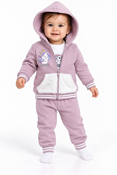 Chicsy Baby Tatlı Unicorn Baskılı Kız Bebek 3’lü Eşofman Takımı Premium 3 İpl...
