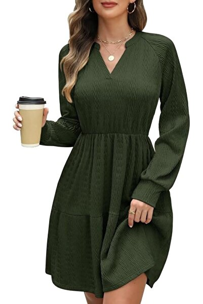 OEM Rochie de damă, verde, mărimea L, decolteu în V, mâneci lungi, talie elas...