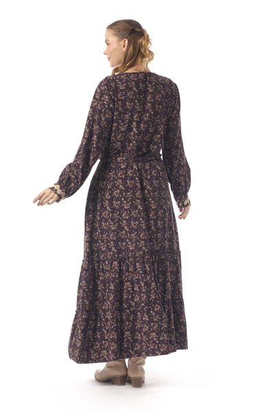 Eliş Şile Bezi Vera Buttoned Violet Patterned Flannel Double Pocket Belted Long Sleeve Winter Long Dress Purple Purple