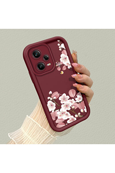 PATTERNOVA Redmi Note 12 Pro 5G Uyumlu Bordo Zarif Kayısı Çiçeği Kılıf, Bahar...