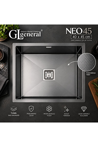 GL GENERAL General NEO 45 Paslanmaz Çelik Mutfak Eviyesi 40x45 cm Petek Dokul...