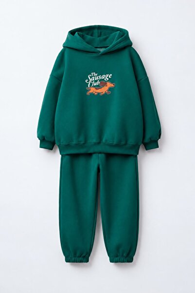 Monila Boys' Green Hooded Dog Print Cotton Sweatshirt and Green Sweatpants Top and Bottom Set