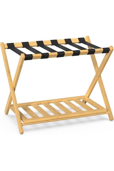 Arabest Bamboo Folding Luggage Rack with Storage Shelf,2-Tier Suitcase Stand ...