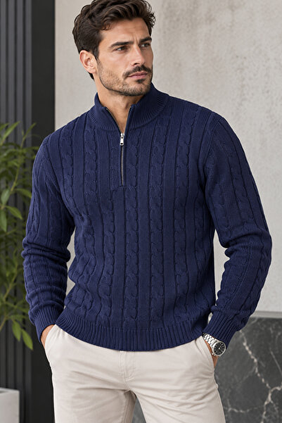 EMR Online Men's Knitwear Sweater Half Zipper Turtleneck Knitted Patterned Lo...