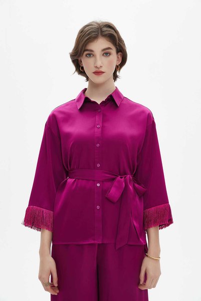 Livia Women's Plain Three-Quarter-Sleeve Belted Blouse