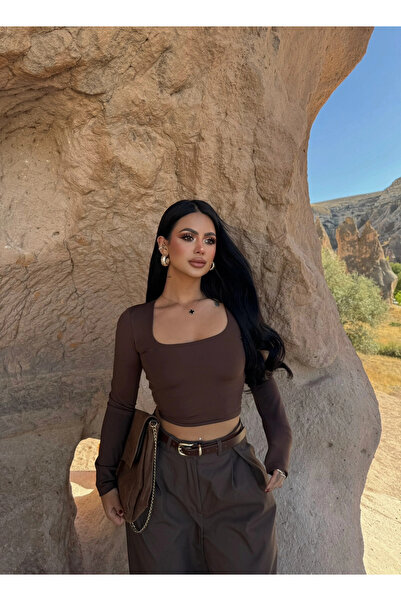 kırmızı butiks Coffee Square Collar Double Layer Crop
