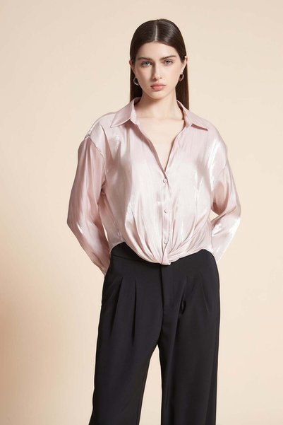 Yola Cropped Satin Blouse with Long Sleeves
