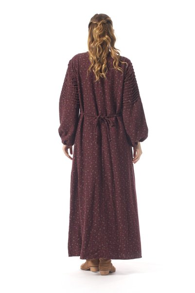 Eliş Şile Bezi Long Sleeve Shawl Pattern Hanzade Flannel Buttoned Long Pocketed Winter Dress Burgundy Brd
