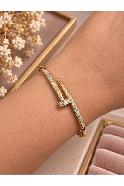 shinora.jewelry Çivi Tasarım Taşlı Gold Kelepçe Bilezik