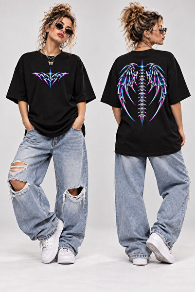 WİDİ Cyber Tribal Kanat Baskılı Oversize T-Shirt Unisex Y2K Gothic Büyük Arka...