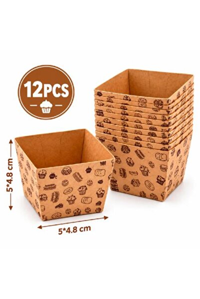 Warehouse Square Kraft Paper Dessert Molds with Bakery Pattern – 12 Pieces