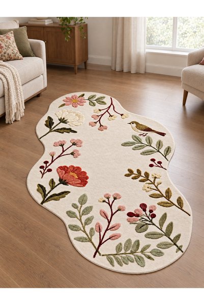 Rose'n Home Arte AST050 Asimetrik Kesimli Çiçek ve Kuş Figürlü Dekoratif Halı