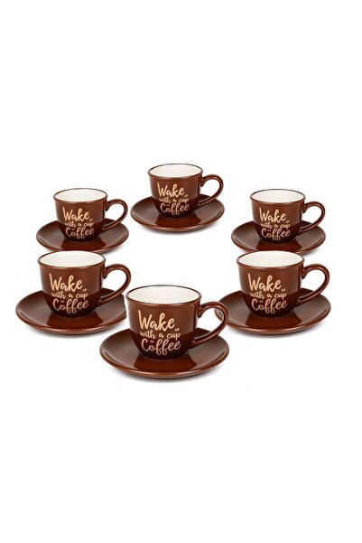 Alsaif World Wake up Ceramic Coffee Cup Set, 6 Pieces - Dark Brown - Small