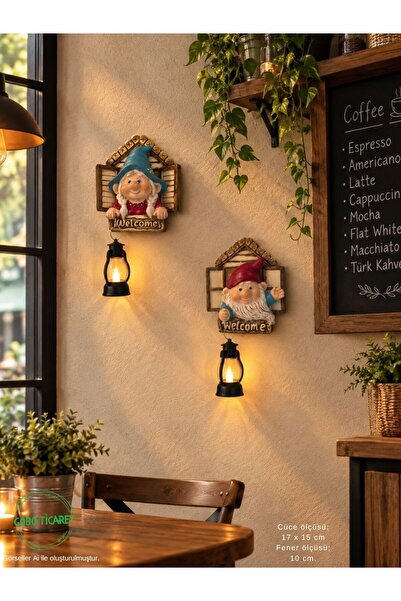 Gobo Dekoratif Fenerli Welcome Cüce Çifti 2li Set Dekoratif Kapı ve Duvar Süs...