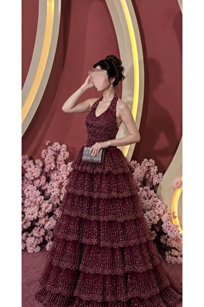 BAKLAFASHO Luxury Burgundy Layered Evening Dress with Shimmering Embroidery