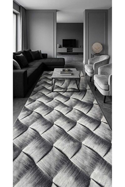 Nesrin Gri Modern 3D Üç Boyutlu Örgü Desenli Kaymaz Taban Yıkanabilir Salon H...