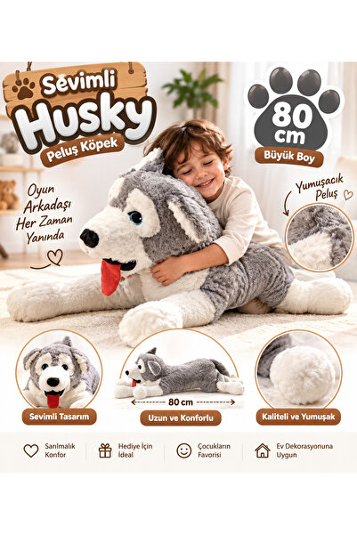 PONİKİDO 80 cm Large Size Plush Husky Dog Sleeping and Playmate