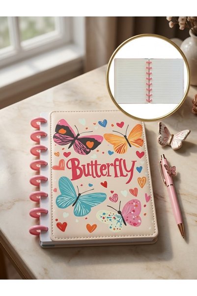 DERSHA Kelebek Desenli Çizgili Diskli Spiralli Ajanda ve Defter Deri Kapaklı ...