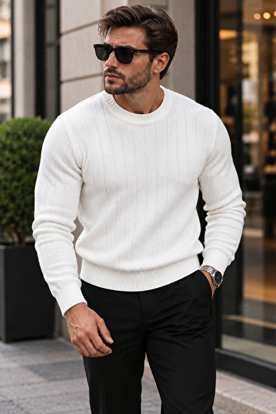 EMR Online Men's Knitwear Sweater Crew Neck Slim Knit Patterned Long Sleeve W...
