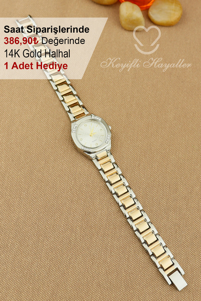 Keyifli Hayaller Silver Rose Bej Kadran Klasik Model Kadın Kol Saati - 14K Gold Halhal Hediyeli