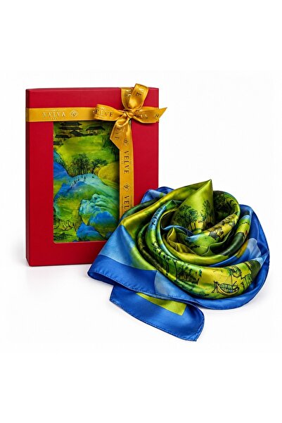 velve Esarfa premium dama cu peisaj din natura, 70 x 70 cm, Verde-Albastru
