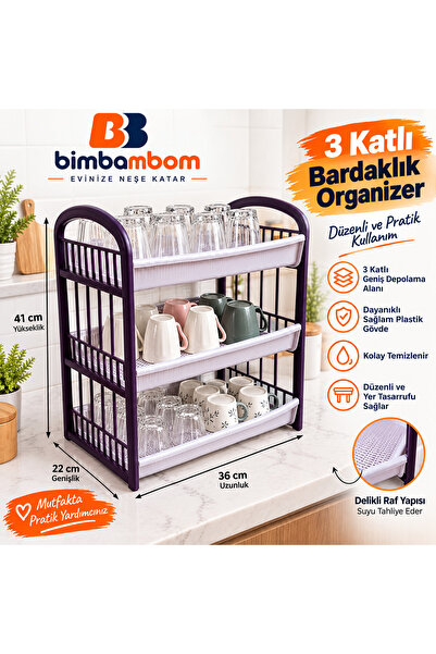 bimbambom Bardaklık 3 Katlı Renkli Mutfak Dolabı Düzenleyici 3 Katlı Tezgah Ü...