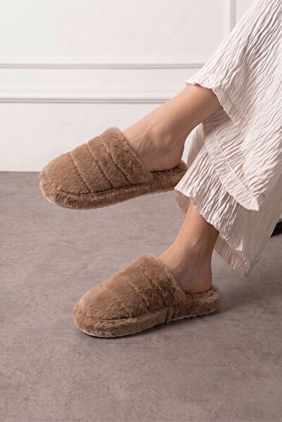 FUGA MODA Plampi Mink Stripe Detailed Plush Women's Winter House Slippers
