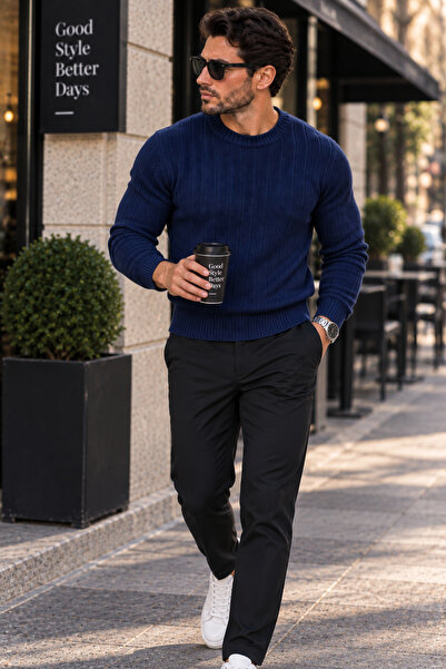 EMR Online Men's Knitwear Sweater Crew Neck Slim Knit Patterned Long Sleeve W...