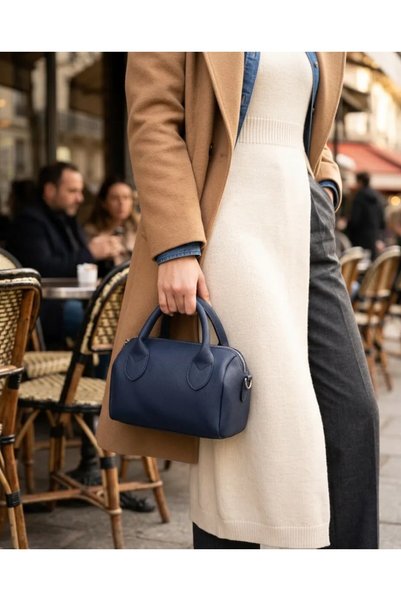Eldenör Dark Navy Matte-Textured Mini Hand and Shoulder Bag for Women—Zippere...