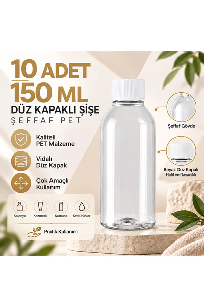 makrobay 150 ml Şeffaf PET Boş Şişe Beyaz Düz Kapaklı Oval 10 Adet