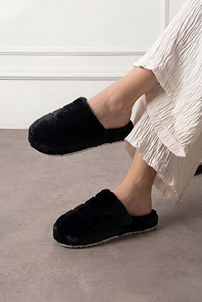 FUGA MODA Plampi Black Stripe Detailed Plush Women's Winter House Slippers