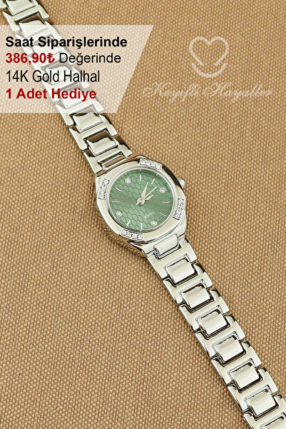 Keyifli Hayaller Silver Yeşil Kadran Klasik Model Kadın Kol Saati - 14K Gold Halhal Hediyeli