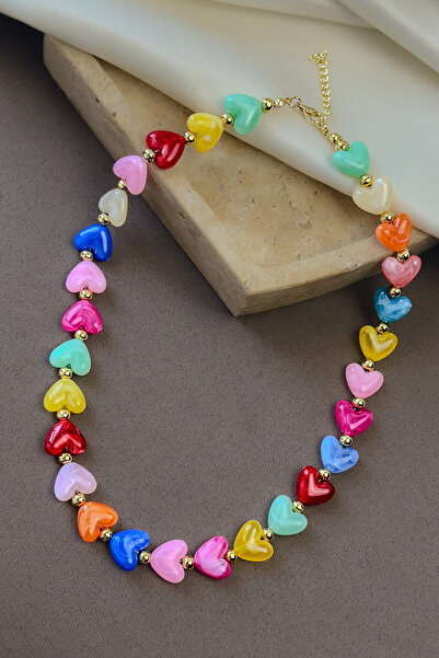 Dore Collection Handmade Multi-Colored Heart Beaded Gold Detailed Necklace