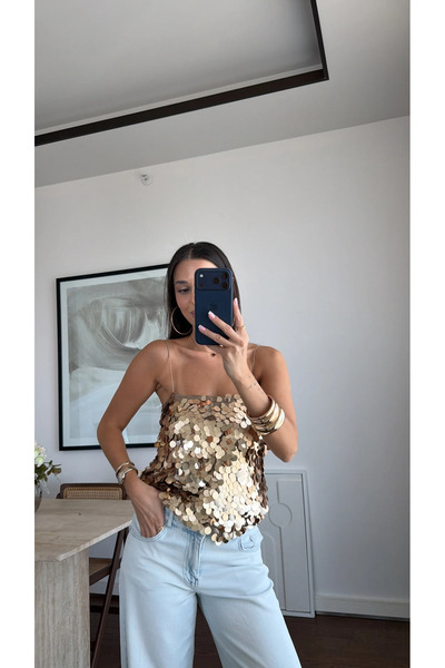 sinemkivanc co Gold Askılı Payetli Trend Kadın Bluz