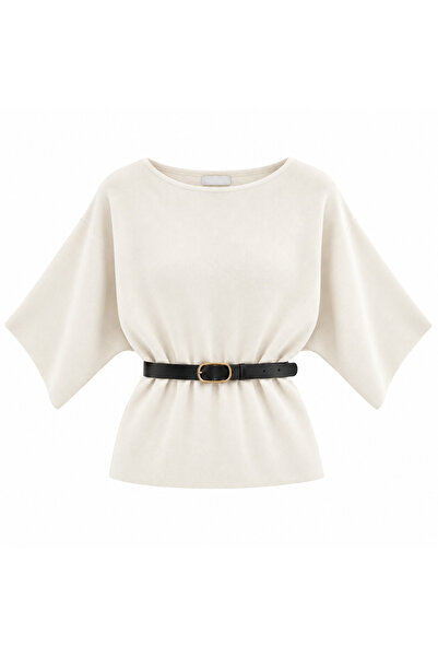 peri tower Women's Belted Boat Neck Bat Sleeve Draped Knitwear Blouse 26158
