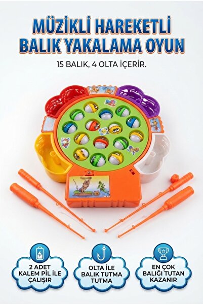 Tıfıl Toys Müzikli ve Hareketli 15'li Balık Tutma Oyunu Eğlenceli 4 Oltalı Ba...