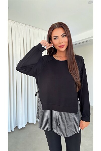 DİDEM GÜLTAKTI Silayn Women's Black Tunic Blouse with Striped Hem
