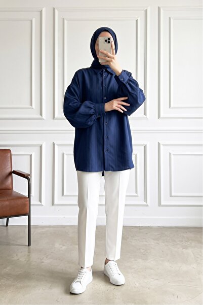 MODAQU Oval Kesim Oversize Standart Tunik - Lacivert