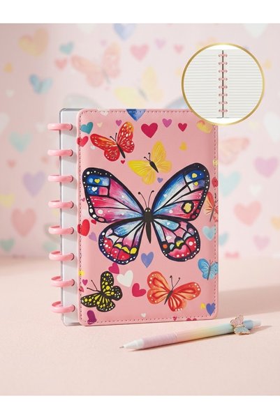 DERSHA Kelebek Desenli Çizgili Diskli Spiralli Ajanda ve Defter Deri Kapaklı ...