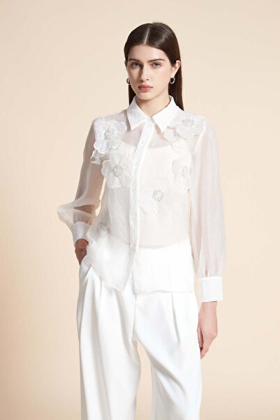 Yola Cropped Plain Shirt with Long Sleeves and Embellished Detail